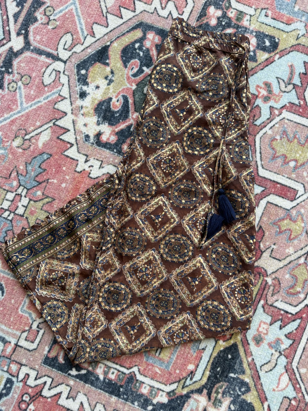 Chelsea & Theodore Brown and Navy Patterned Drawstring Pants